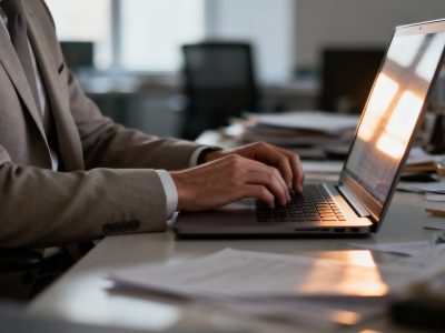 Hombre utilizando un ordenador portátil realizando servicios administrativos avanzados