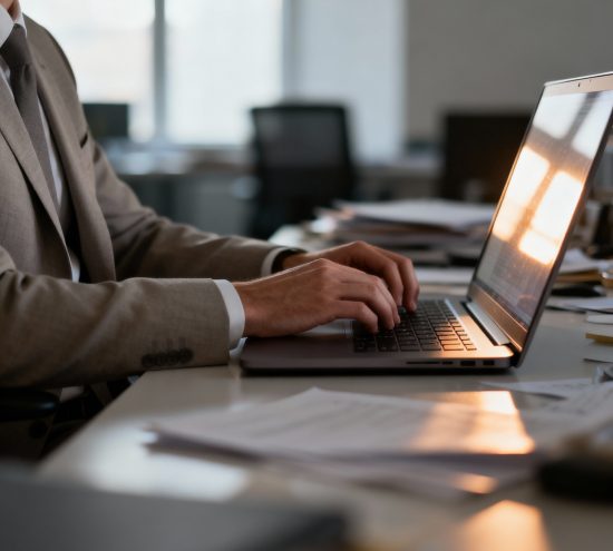 Hombre utilizando un ordenador portátil realizando servicios administrativos avanzados